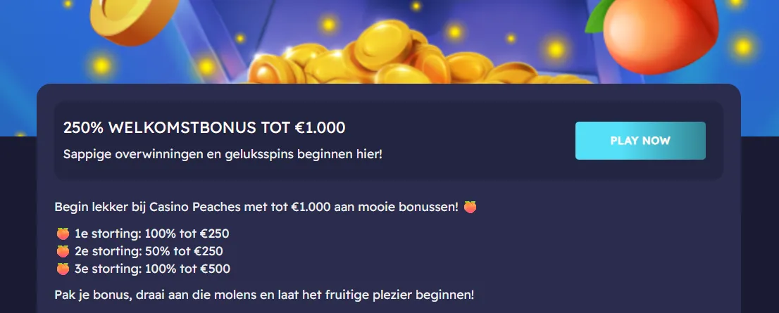 Ontvang je Peaches Casino bonus en gratis speelgeld