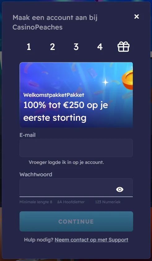 Registreer een nieuw account bij Peaches Casino