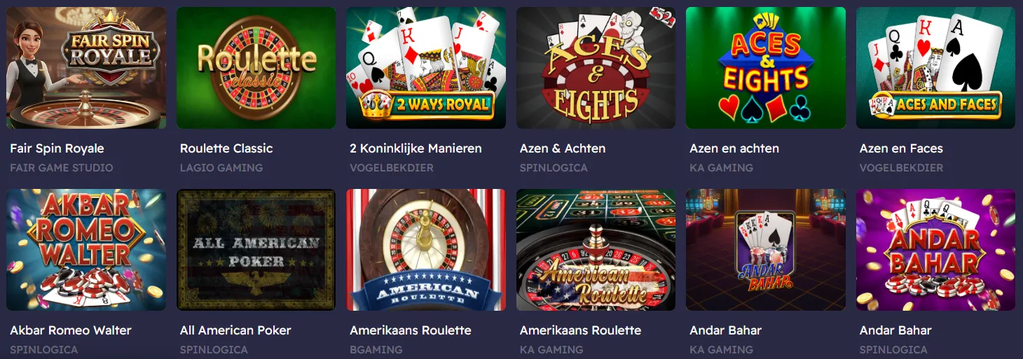 Klassieke tafelspellen zoals blackjack en roulette